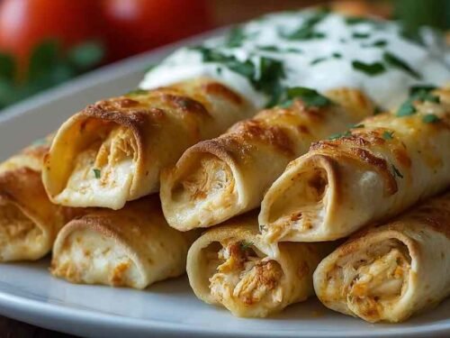 Baked cream cheese chicken taquitos arranged on baking sheet golden and crispy