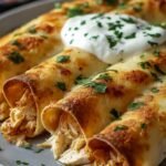 Baked cream cheese chicken taquitos arranged on baking sheet golden and crispy