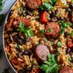 Black beans and rice with sausage in a large skillet garnished with fresh cilantro