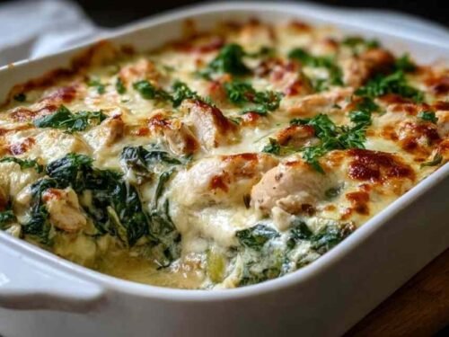 Golden bubbly chicken and spinach casserole fresh from the oven in a white baking dish