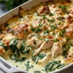 Golden bubbly chicken and spinach casserole fresh from the oven in a white baking dish
