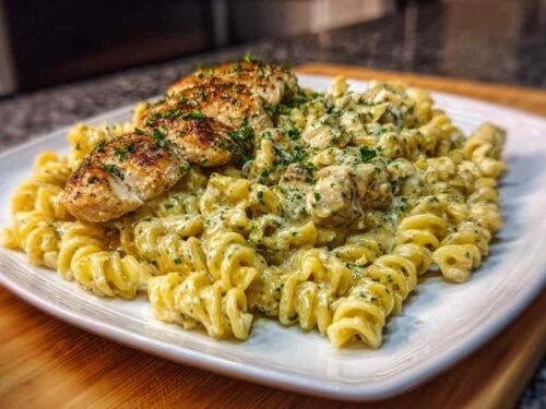Creamy garlic parmesan chicken pasta in large skillet with golden chicken pieces coated in rich cream sauce
