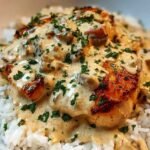 Golden brown chicken breasts cooking in creamy sauce in skillet for creamy smothered chicken and rice recipe