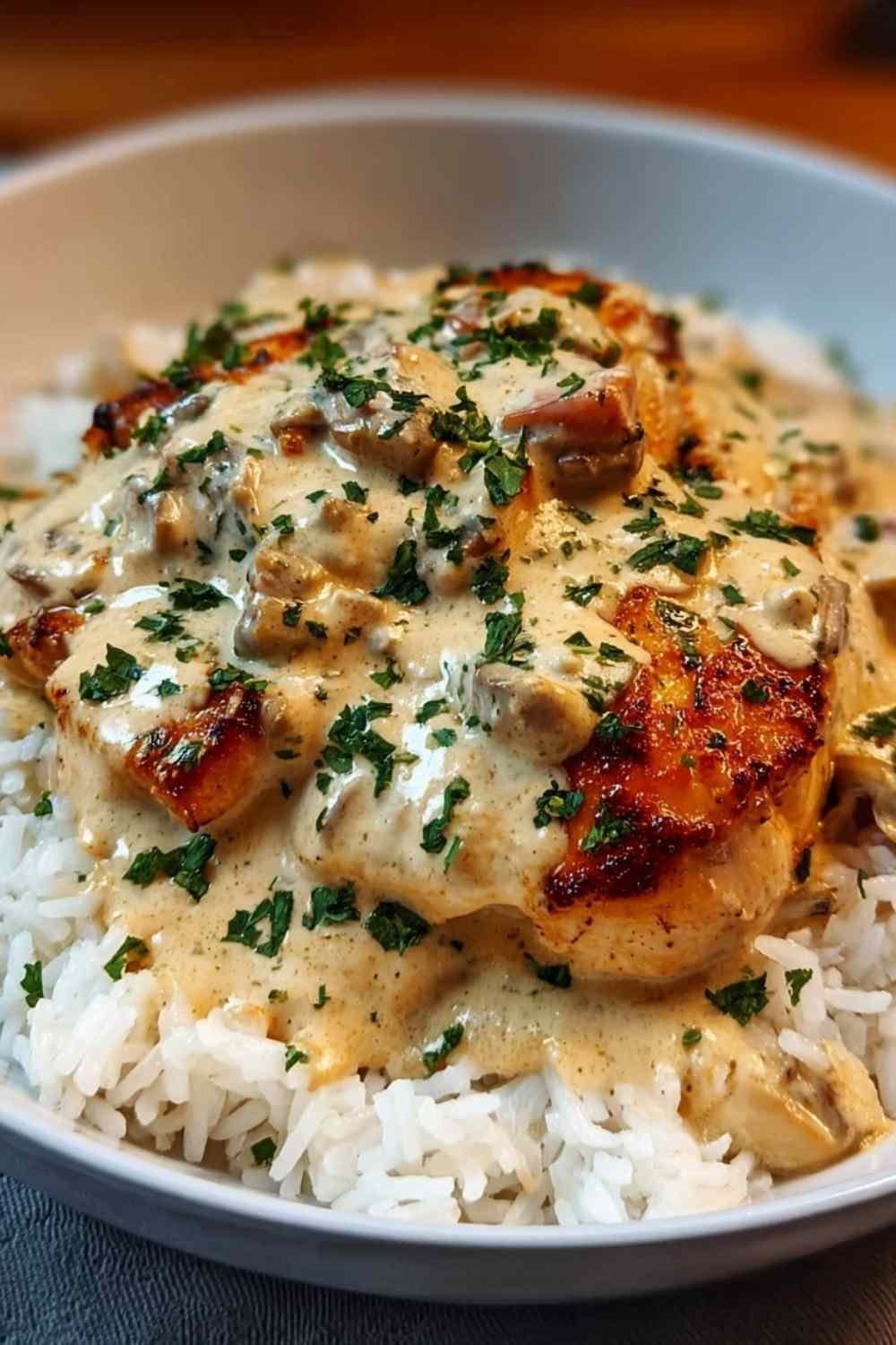 Golden brown chicken breasts cooking in creamy sauce in skillet for creamy smothered chicken and rice recipe