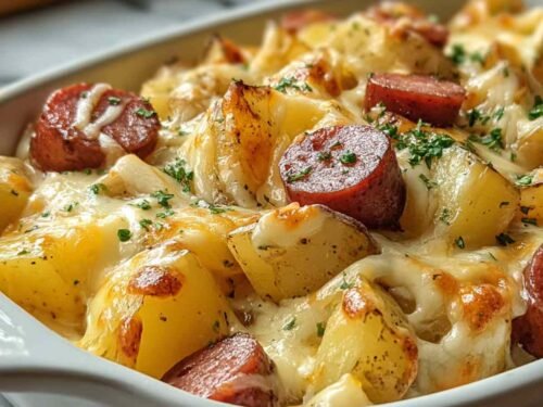 Easy Cheesy Ranch Potatoes and Smoked Sausage - One Pan Dinner Recipe.