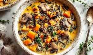 Finished Autumn Wild Rice Soup in bowls with garnishes