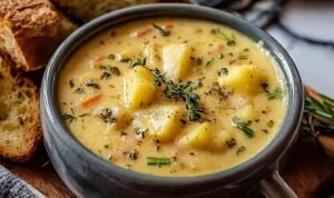 Finished bowl of hearty cheddar garlic herb potato soup with garnishes