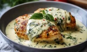 Golden seared chicken cooking in cream sauce in cast iron skillet