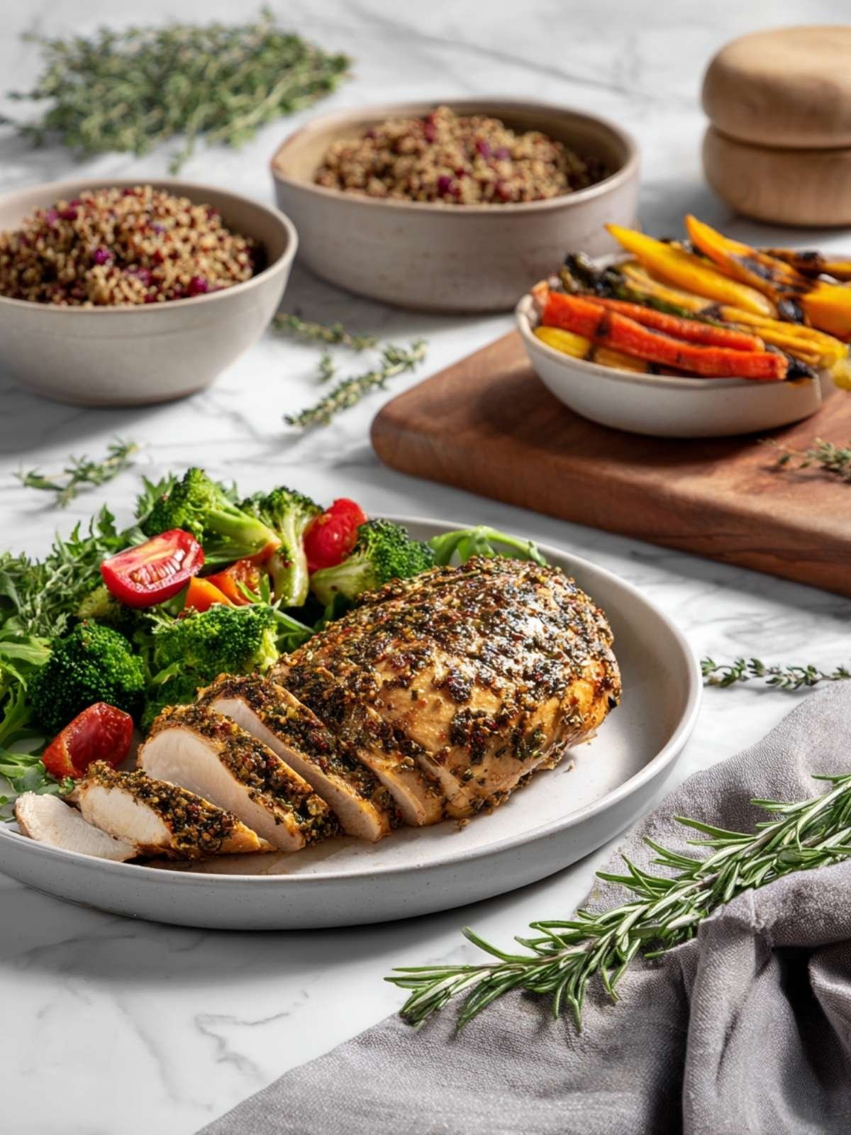 Herb-crusted grilled chicken breast sliced on white plate with fresh broccoli salad and roasted vegetables on marble kitchen counter