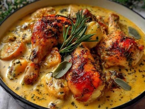 Herb roasted chicken in creamy white wine sauce with mushrooms and potatoes in Dutch oven