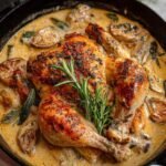 Herb roasted chicken in creamy white wine sauce with mushrooms and potatoes in Dutch oven