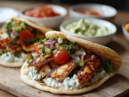 Mediterranean chicken gyros with creamy feta tzatziki sauce and fresh vegetables wrapped in warm pita bread