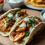 Mediterranean chicken gyros with creamy feta tzatziki sauce and fresh vegetables wrapped in warm pita bread