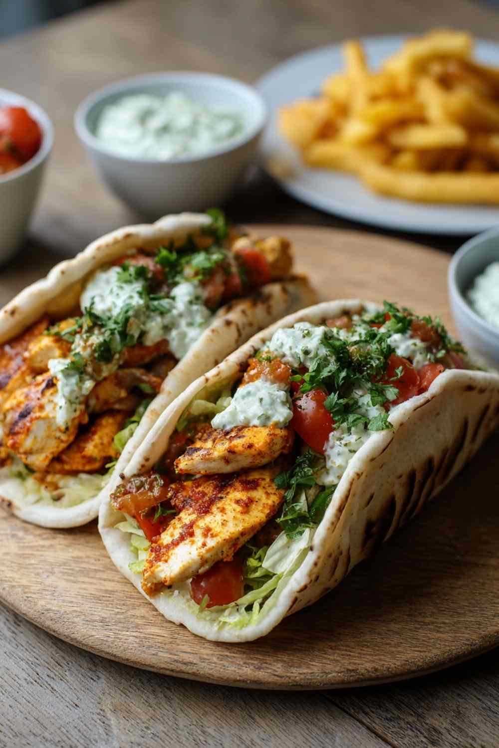 Mediterranean chicken gyros with creamy feta tzatziki sauce and fresh vegetables wrapped in warm pita bread