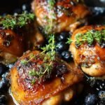 Blueberry thyme chicken breast on white plate with purple blueberry sauce and fresh thyme garnish