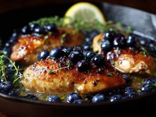 Blueberry thyme chicken breast on white plate with purple blueberry sauce and fresh thyme garnish