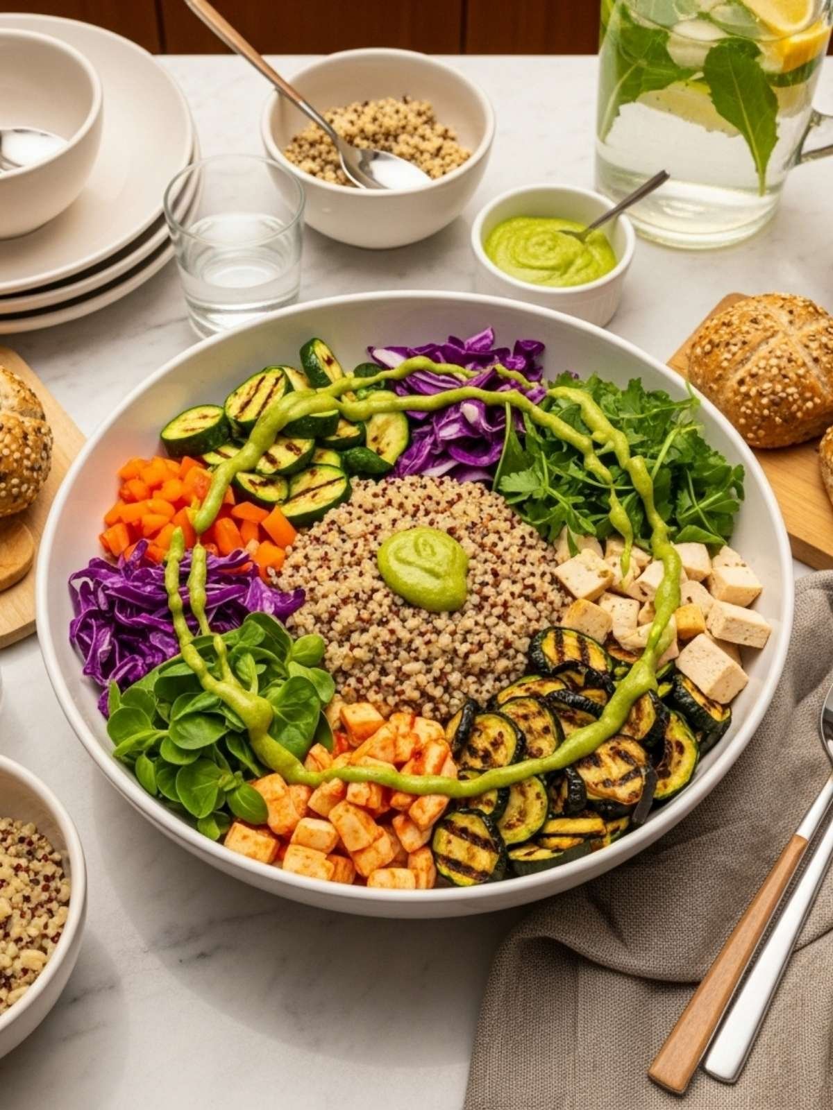 Colorful quinoa grain bowl with grilled vegetables, tofu, purple cabbage and green dressing on white marble kitchen counter
