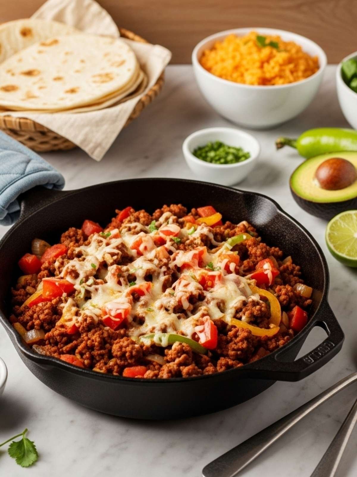 Ground beef skillet with melted cheese, bell peppers and onions in cast iron pan with tortillas and avocado on marble counter