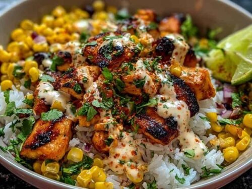 Street Corn Chicken Rice Bowl with charred corn, sliced chicken, cotija cheese and fresh cilantro